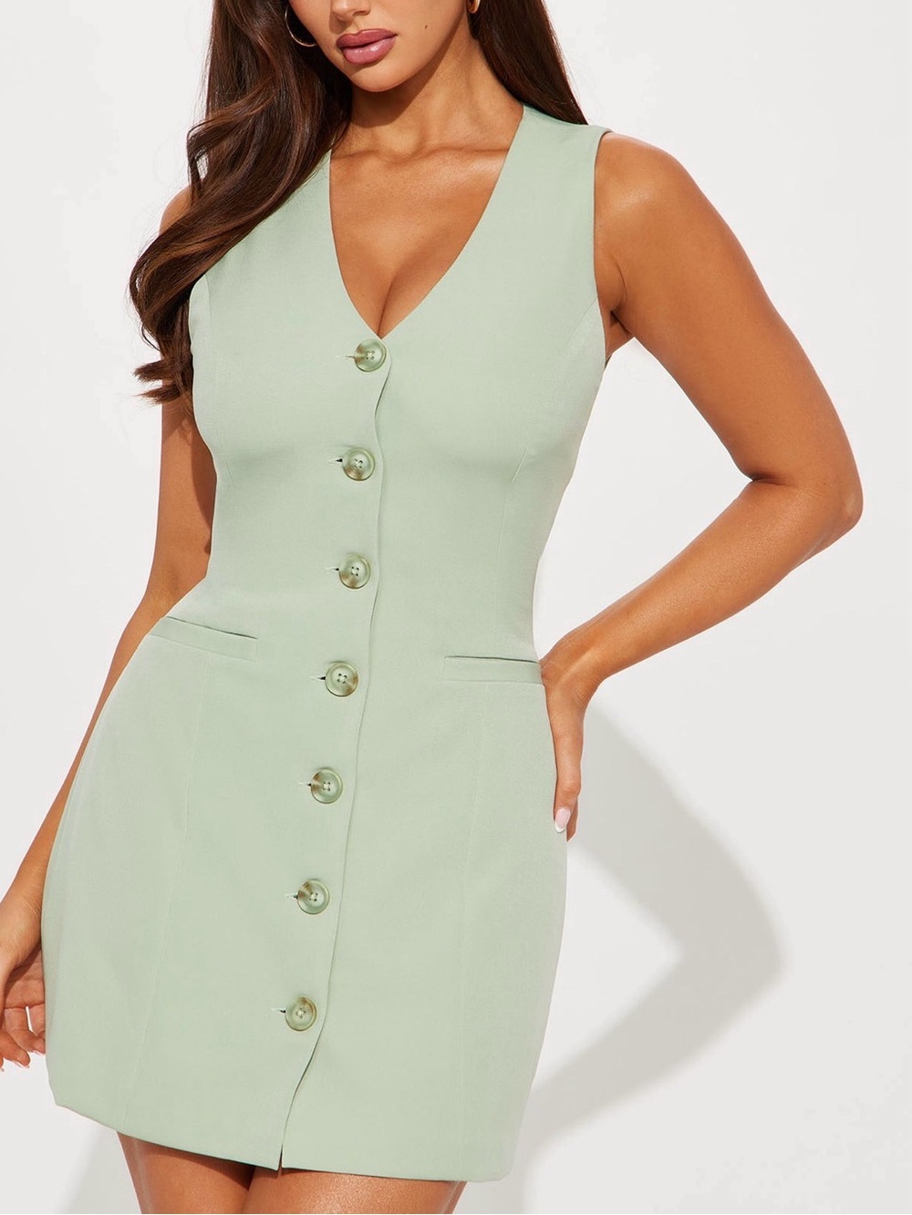 Fashion Nova Mint Green V-Neck Button Front Mini Dress